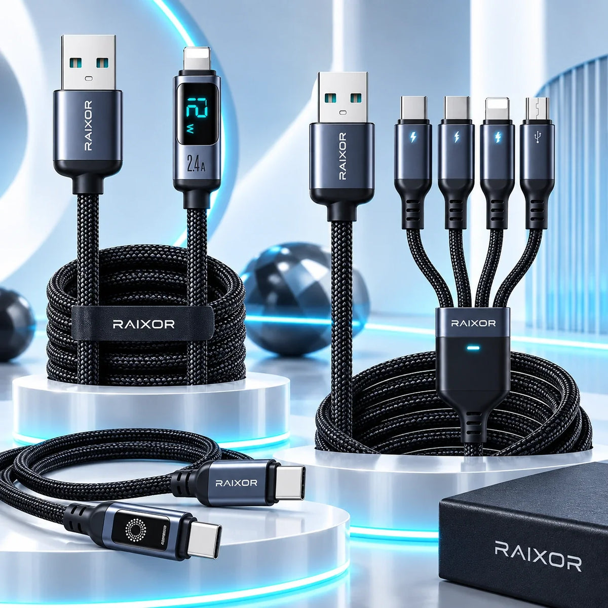 Cables de carga para celular USB-C, Lightning y multipuerto RAIXOR