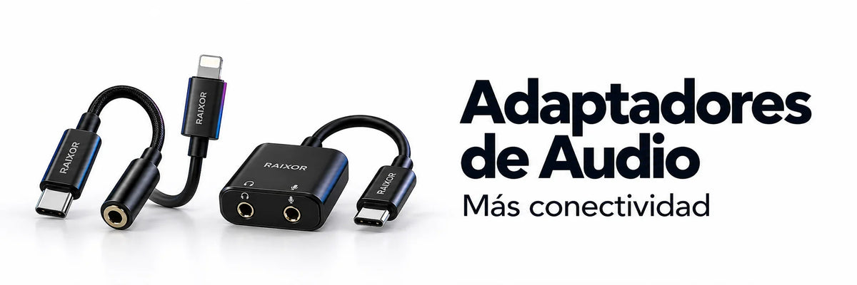Adaptadores de audio RAIXOR con conexiones USB-C, Lightning y jack de 3,5 mm sobre fondo blanco.