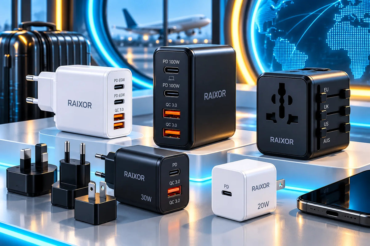 Adaptadores de viaje universales, adaptadores de enchufe y accesorios de conexión USB-C RAIXOR presentados con iluminación cyan y ámbar. Copiar ALT