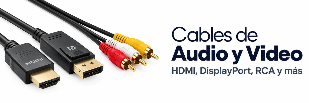 Cables de audio y video con conectores HDMI, DisplayPort y RCA sobre fondo blanco