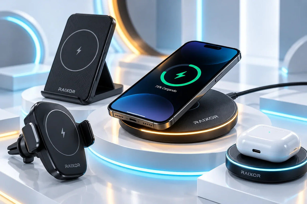 Celular cargándose sobre una base de carga inalámbrica, acompañado de soportes y cargadores inalámbricos en tonos cyan y ámbar. Copiar ALT