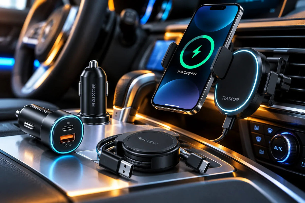 Cargadores de auto USB-C y USB-A, soporte de carga inalámbrica para celular y cables en el interior de un vehículo con iluminación cyan y ámbar. Copiar ALT