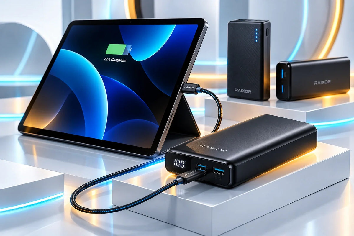 Power bank RAIXOR conectado a una tablet mediante cable USB-C, con indicador de carga y presentación tecnológica en tonos cyan y ámbar. Copiar ALT