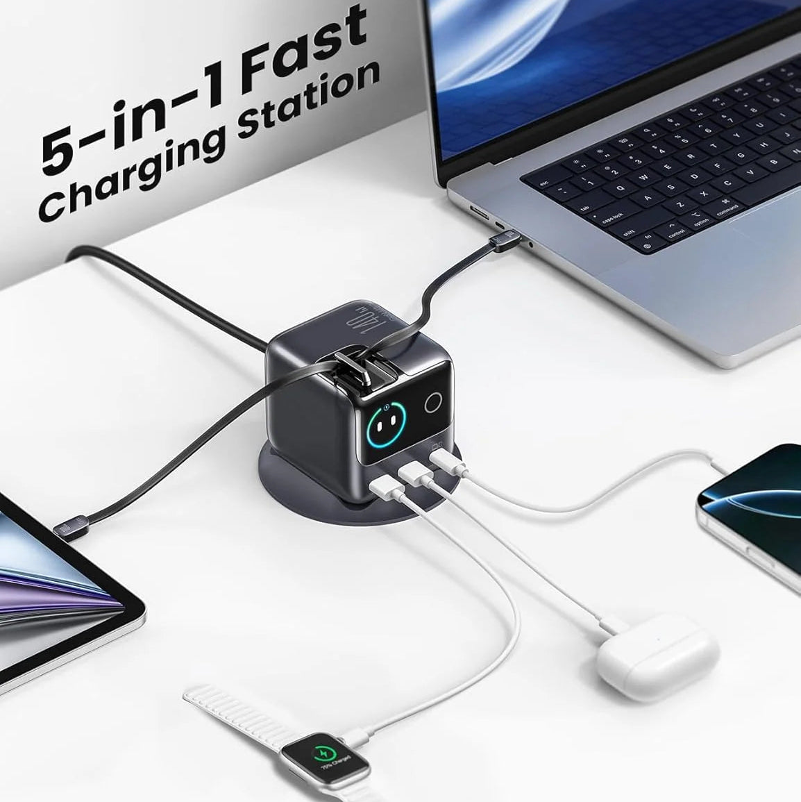 Estación de Carga JOYROOM 5 en 1 USB-C de 140W con Pantalla LCD Inteligente y Cables Retráctiles