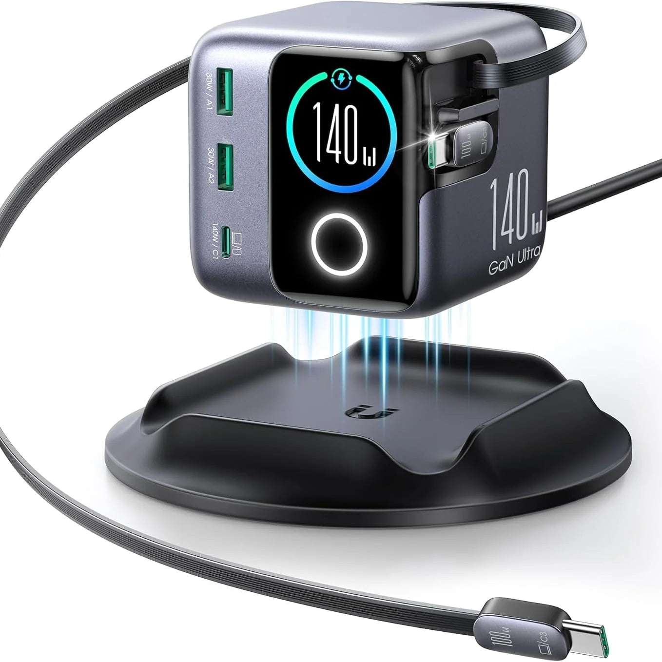 Estación de Carga JOYROOM 5 en 1 USB-C de 140W con Pantalla LCD Inteligente y Cables Retráctiles