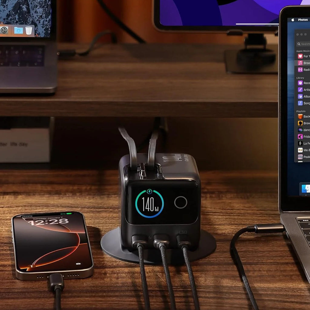 Estación de Carga JOYROOM 5 en 1 USB-C de 140W con Pantalla LCD Inteligente y Cables Retráctiles