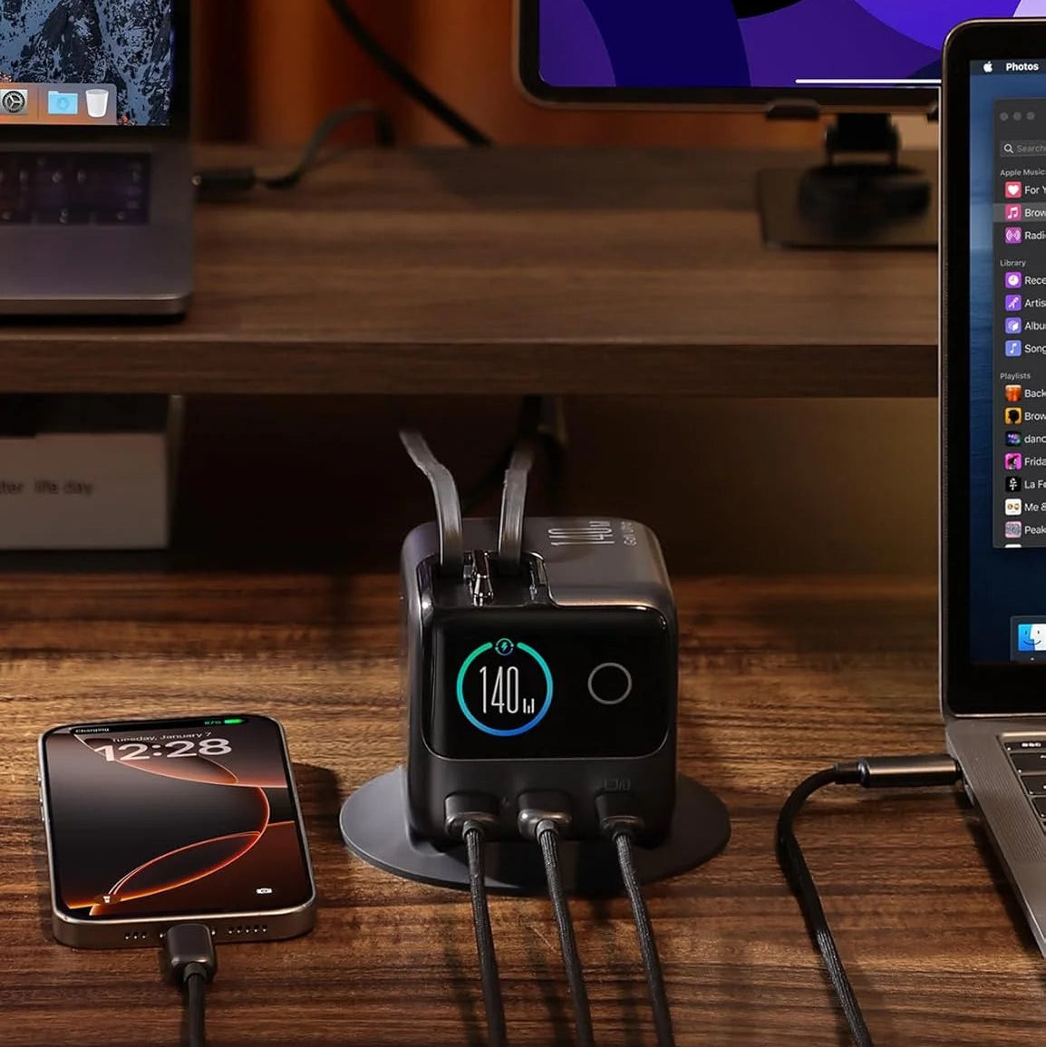 Estación de Carga JOYROOM 5 en 1 USB-C de 140W con Pantalla LCD Inteligente y Cables Retráctiles