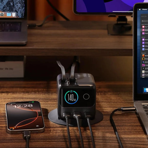 Estación de Carga JOYROOM 5 en 1 USB-C de 140W con Pantalla LCD Inteligente y Cables Retráctiles