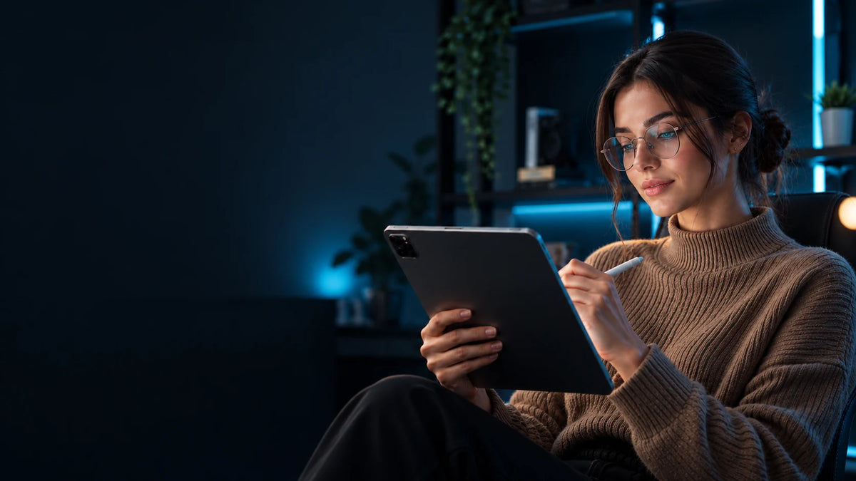 Mujer utilizando una tablet con lápiz digital en un estudio tecnológico de iluminación azul.