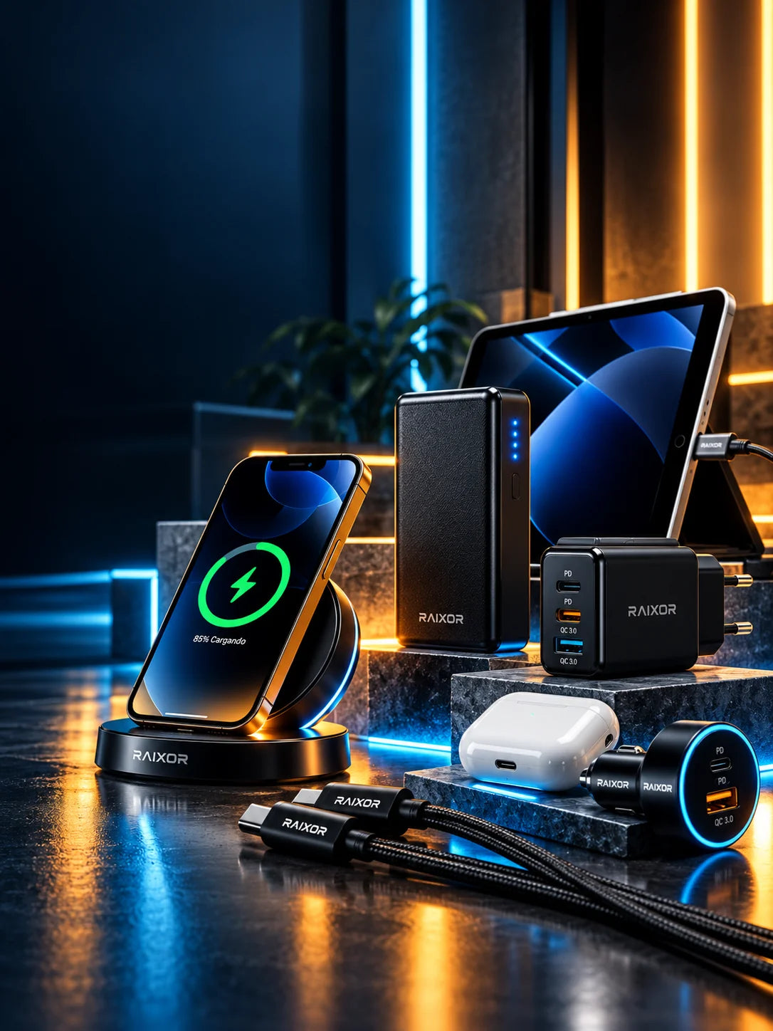 Cargadores RAIXOR, power bank, cables USB-C y dispositivos cargándose con iluminación cyan y ámbar.