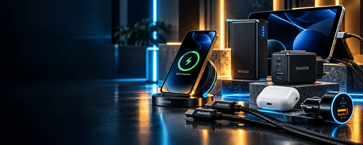 Cargadores, power bank, cables USB-C y dispositivos cargándose en una escena tecnológica RAIXOR con iluminación cyan y ámbar