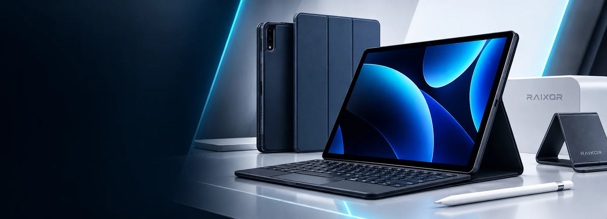 Accesorios para tablet RAIXOR con funda teclado, stylus y soportes